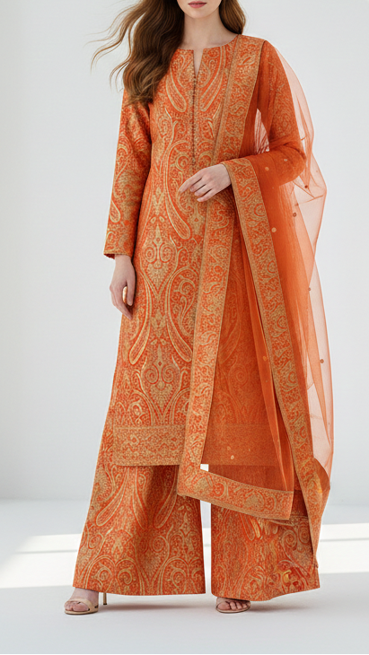 Orange Banarasi Brocade Fabric With All Over Golden Zari Handloom 21842