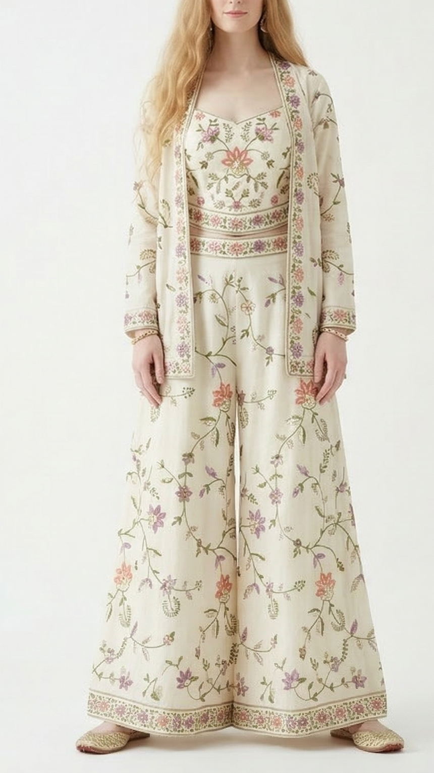 White Cotton Fabric with All Over Thread, Katdana & Sequins Work 15359