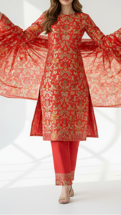 Orange Pure Banarasi Brocade Fabric With All Over Thread And Silver Zari Handloom 19030