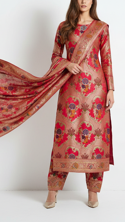Gajri Pink Pure Banarasi Brocade Fabric With All Over Thread And Zari Handloom 16638