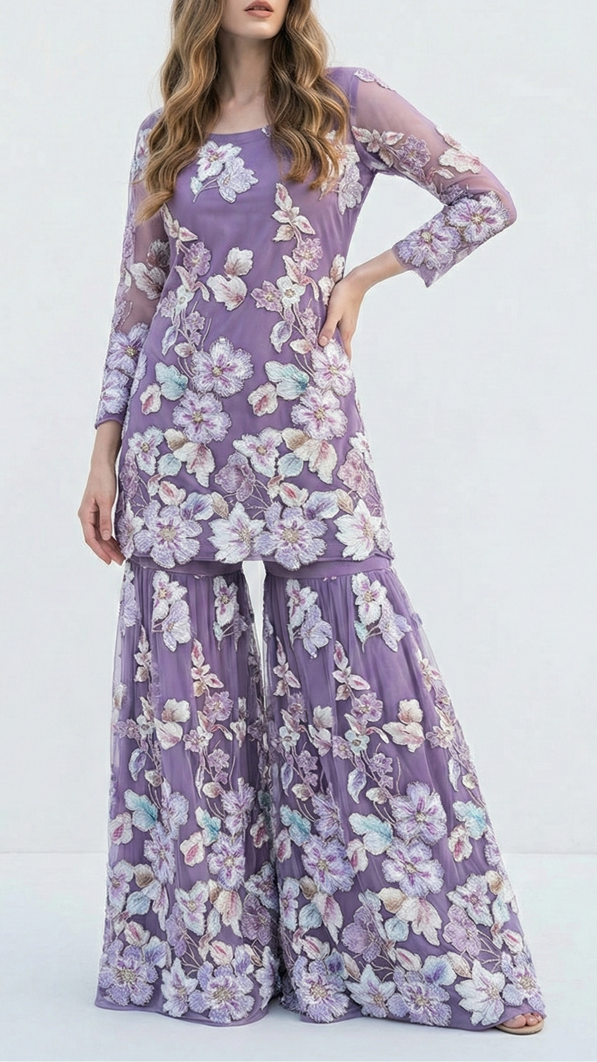 Lavender Imported Net Fabric With All Over Bead And Ribbon Work 22099