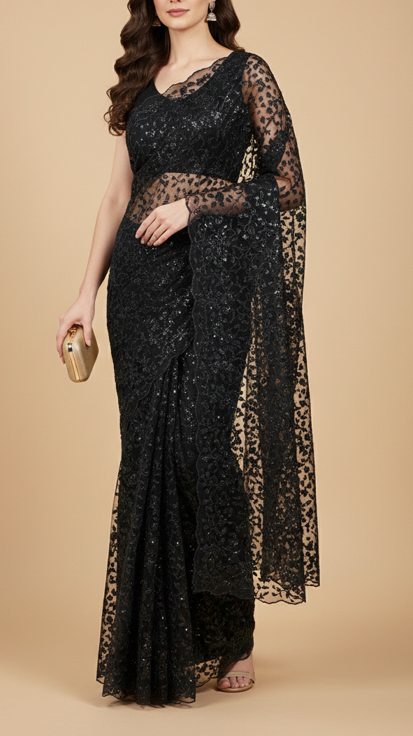 Black Imported Net Fabric With All Over Thread, Bead And Sequins With Two Side Scalloped Edges 20616