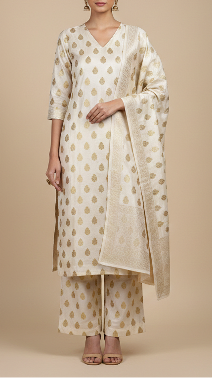 White Dyeable Silk Fabric With Allover Buti Of Zari Handloom 20283