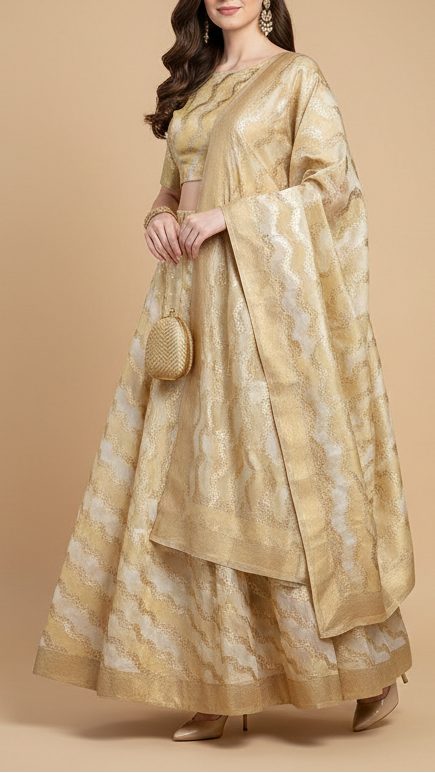 White Organza Tissue Fabric With All Over Golden Zari Handloom 20574