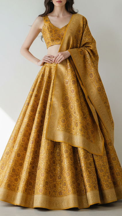 Mustard Banarasi Brocade Fabric With All Over Thread And Zari Handloom 20941