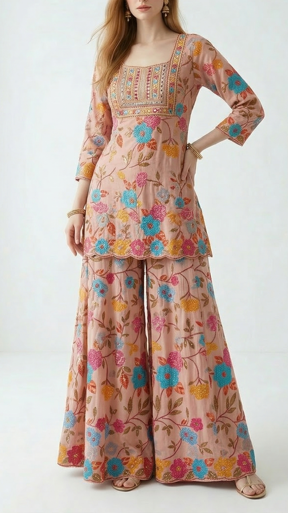 Peach Muslin Fabric With All Over Sequins And Thread Work 22484