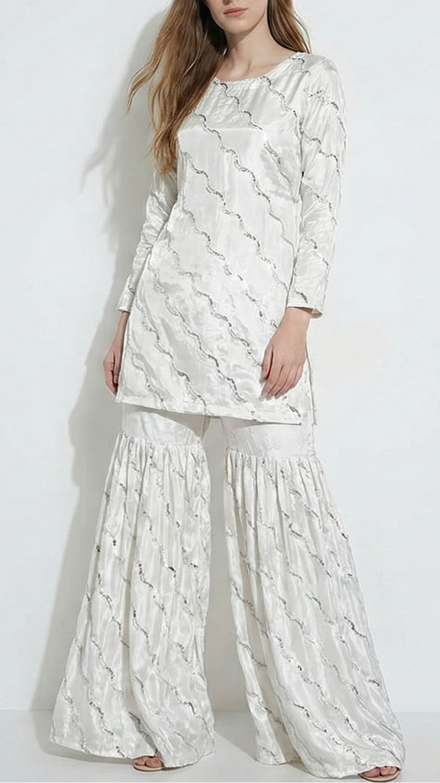 White Dyeable Crepe Fabric with Allover Strips of Silver Katdana, Sequins and Bead Work 21076