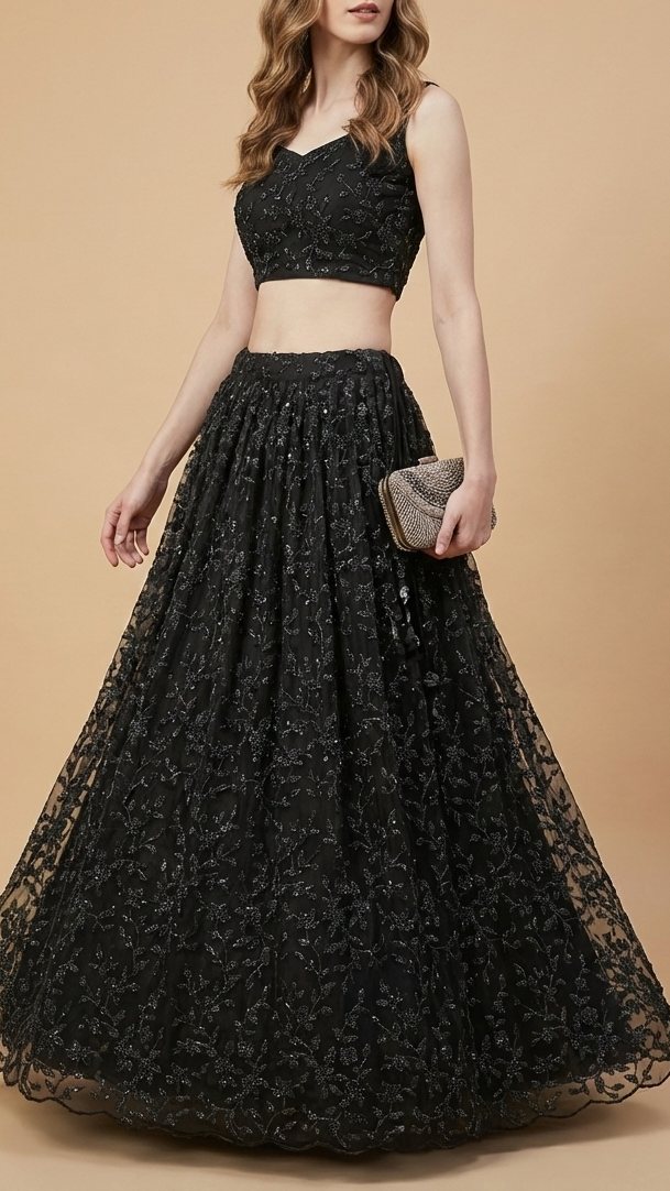 Black Imported Net Fabric With All Over Thread, Bead And Sequins With Two Side Scalloped Edges 20616