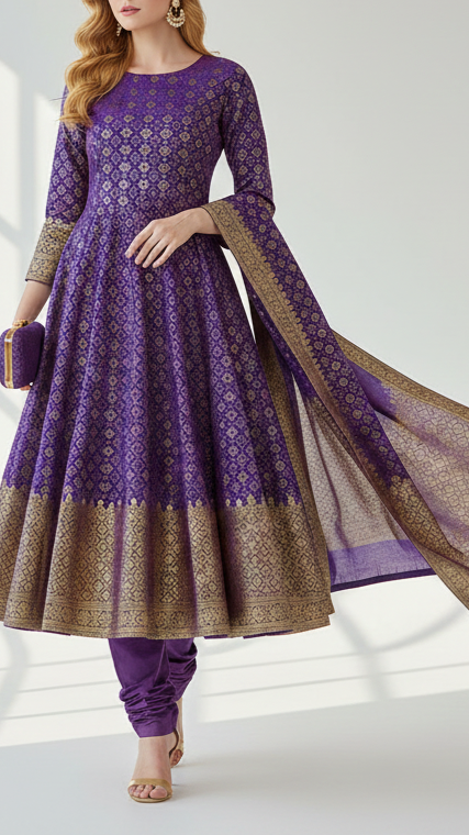 Purple Banarasi Brocade Fabric With All Over Golden Zari Handloom 21050