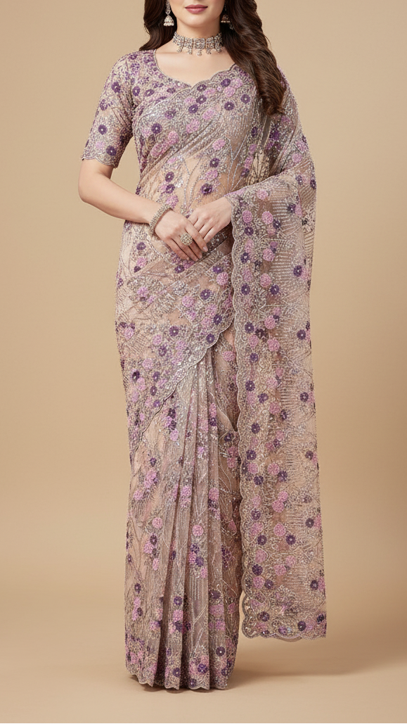Purple Imported Net Fabric with Allover Ribbon Work, Katdana & Bead Work with Two-Side Scalloped Edges Border 19722