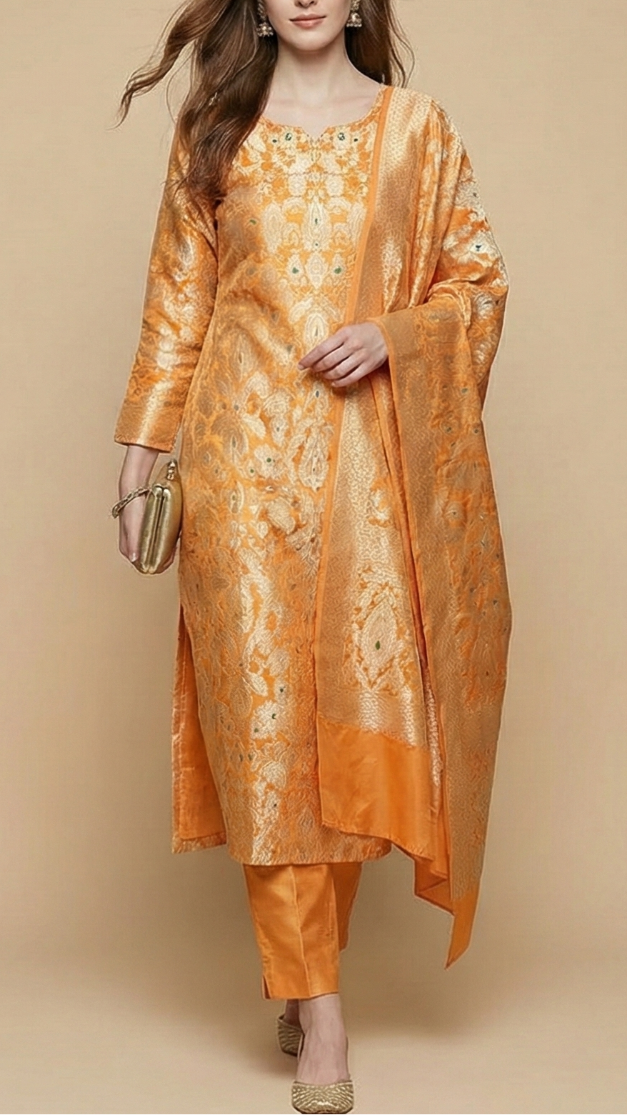 Light Orange Pure Banarasi Brocade Fabric With Thread And Zari Handloom 20016
