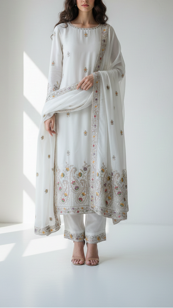 White Dyeable Crepe Fabric With All Over Buti Of Zari, Sequins, Thread And Katdana Work With One Side Border 21678
