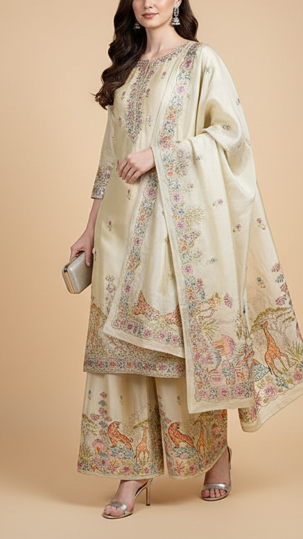 Golden Dyeable Tissue Fabric With All Over Zari, Sequins And Thread Work With One Side Border 19934