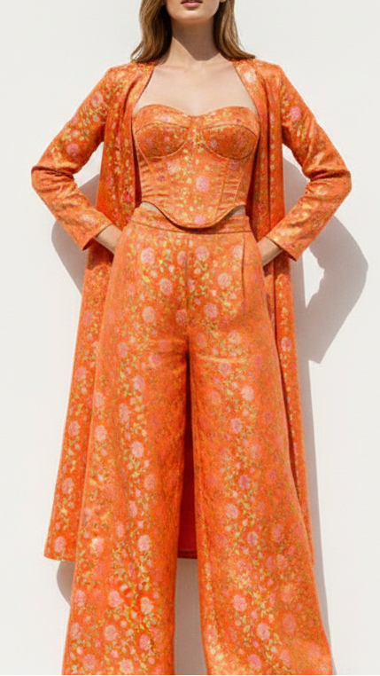 Orange Banarasi Brocade Fabric With All Over Thread And Zari Handloom 21258