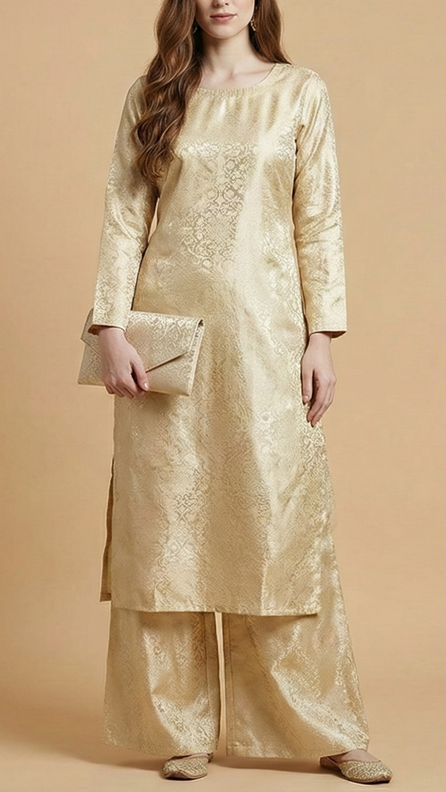 Light Golden Tissue Fabric With All Over Self Work 20399