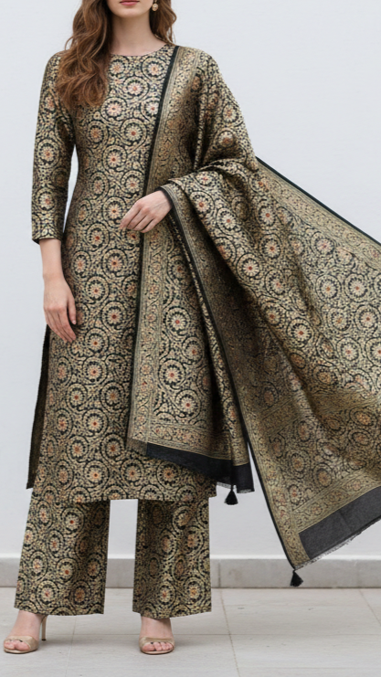 Black Banarasi Brocade Fabric With All Over Thread And Zari Handloom 20946