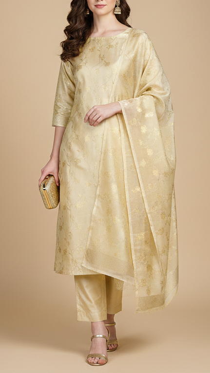 Light Golden Tissue Fabric With All Over Self Work 20349
