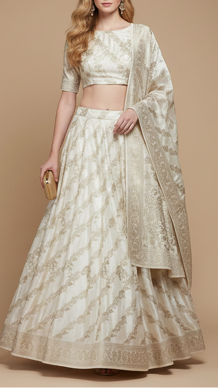 White Satin Fabric With Allover Diagonal Stripes Of Zari Handloom 20393