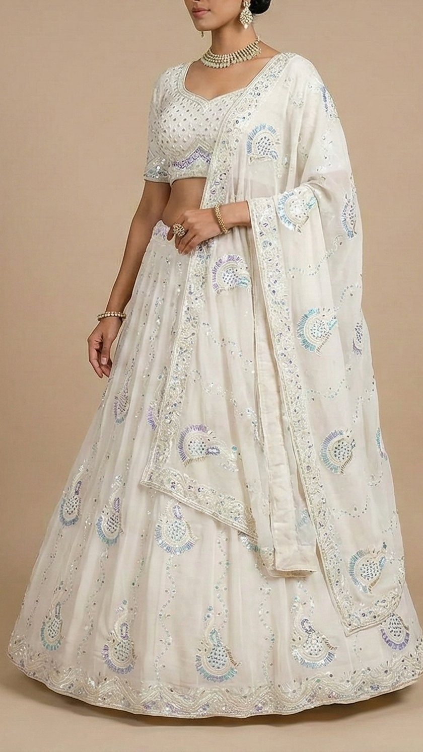 The Noor - White Georgette Peacock Symphony Fabric with Rainbow Sequins, Kutdana, Beads, and Threadwork | 11670