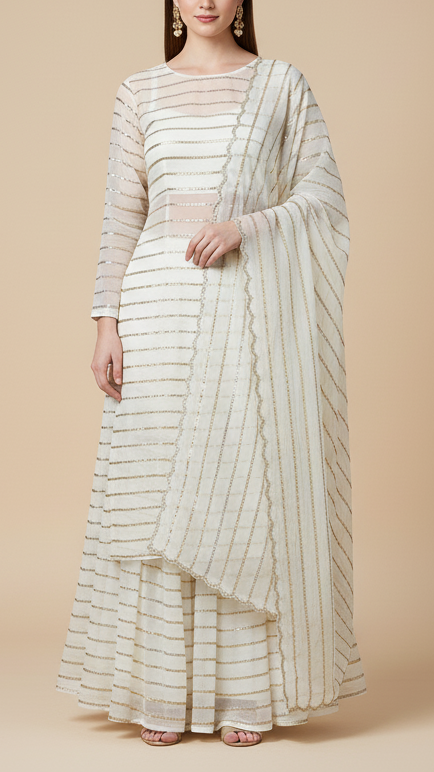 The Noor - White Dyeable Georgette Fabric With Enduring Thread And Sequins Work | 19334