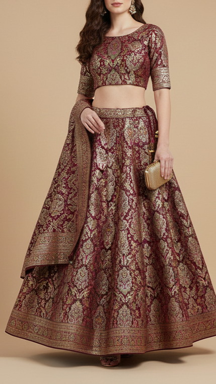 Wine Banarasi Brocade Fabric With All Over Zari And Thread Handloom 20644