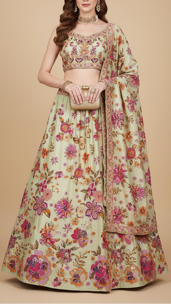 Pista Green Crepe Fabric With All Over Floral Print And Zari, Sequins Work 20464