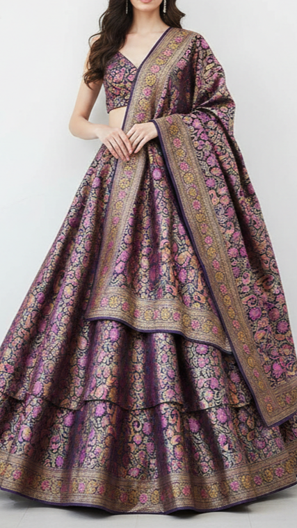 Navy Blue Banarasi Brocade Fabric With All Over Thread And Zari Handloom 20791