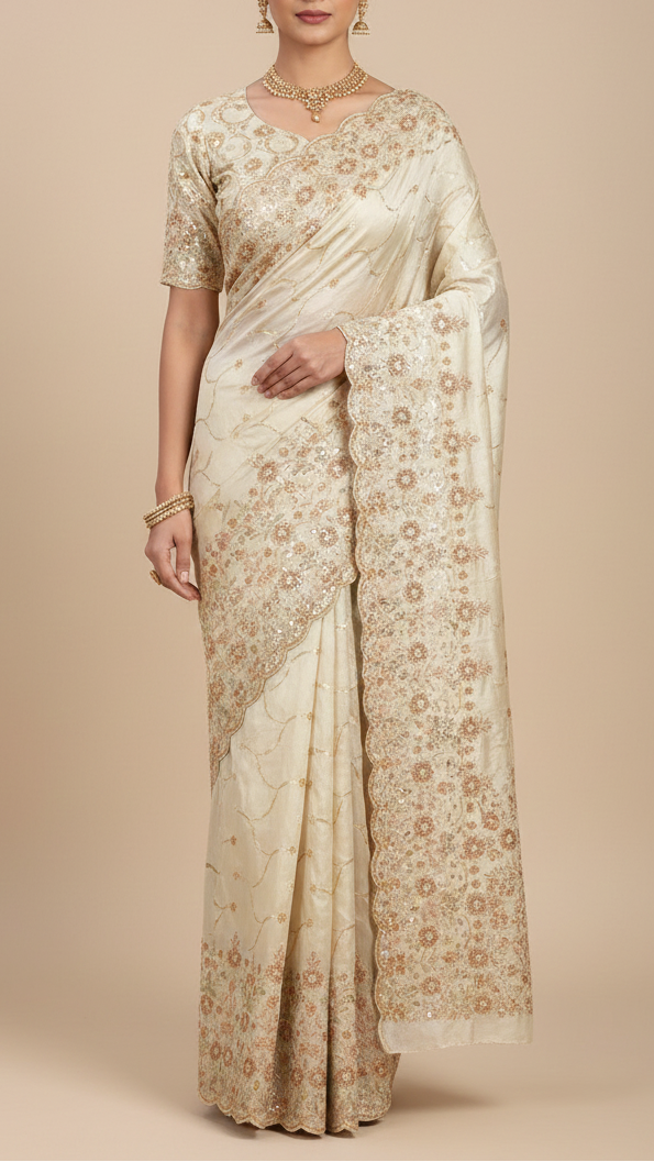 Golden Dyeable Tissue Fabric With All Over Katdana Sequins And Bead Work With One Side Border 20324