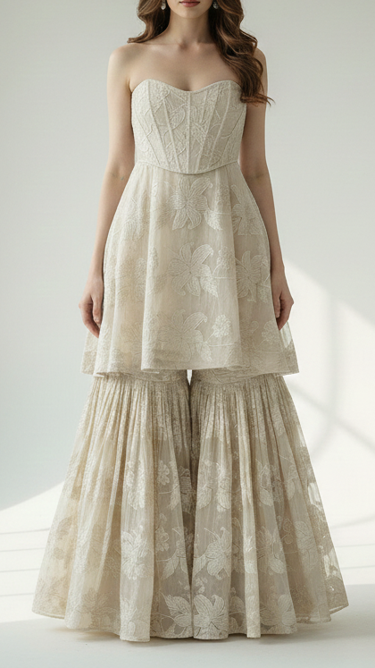 Off White Tissue Fabric With All Over Thread Work 20684