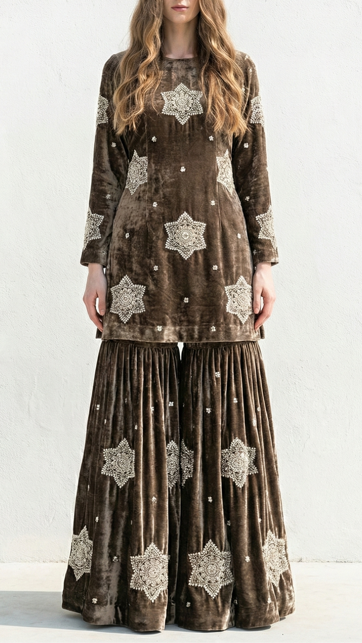 Coffee Velvet Fabric With All Over Buti Of Sequins, Katdana and Bead Work 20986