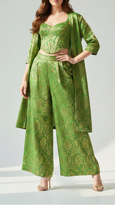 Parrot Green Banarasi Brocade Fabric With All Golden Over Zari Handloom 21755