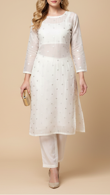 White Dyeable Chanderi Fabric With All Over Buti Of Silver Zari Handloom 20401