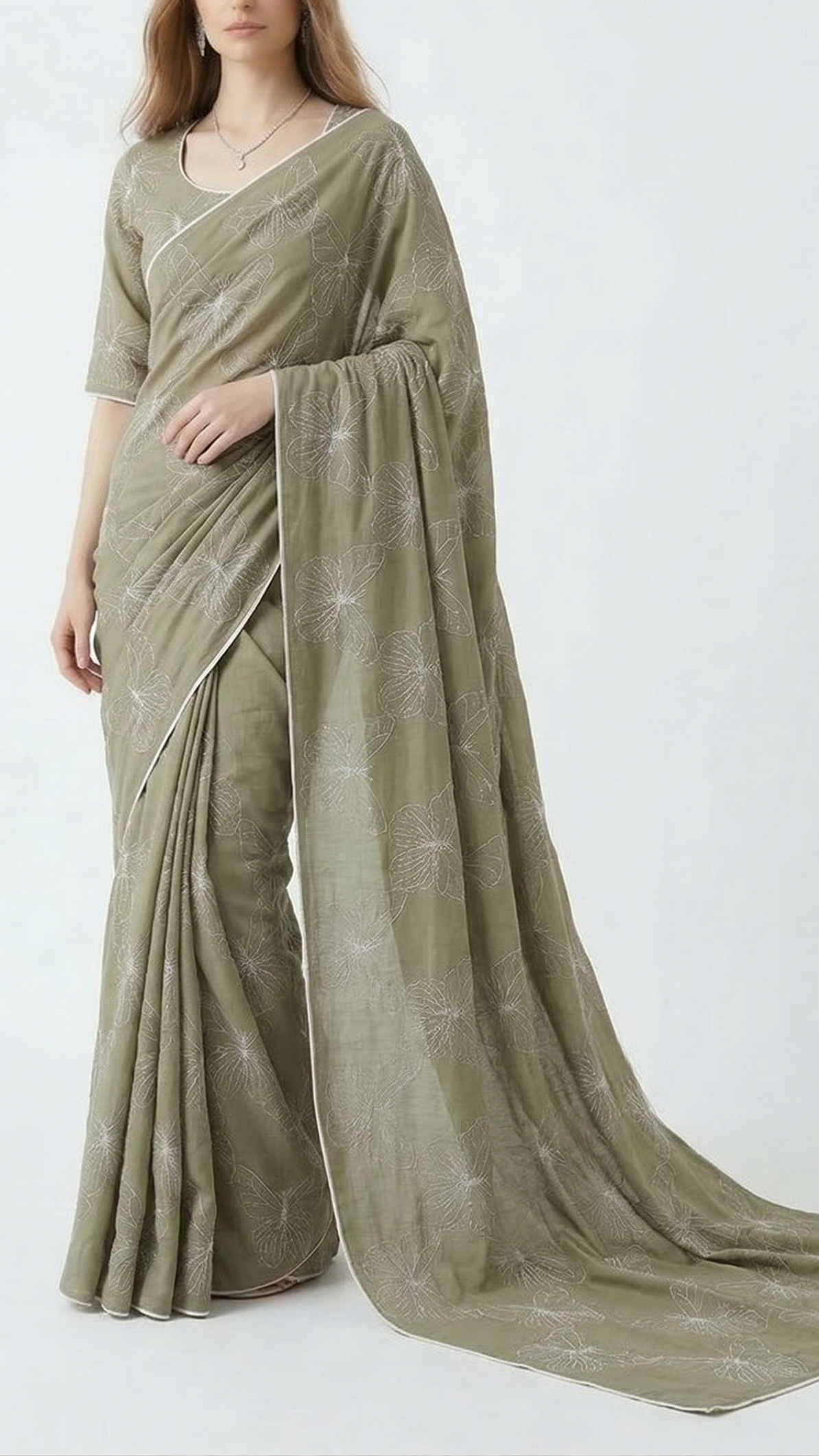 Sage Green Cotton Fabric With All Over Butterfly Motif Of Dori And Thread Work 22477