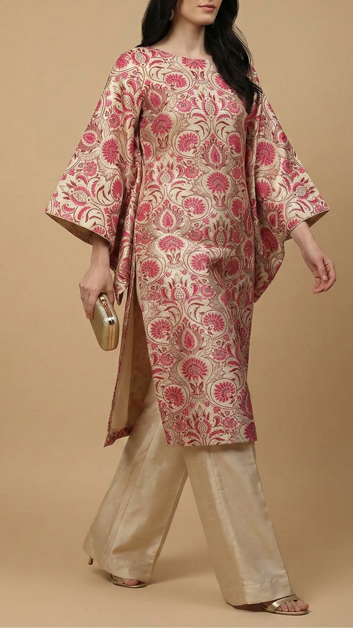 Cream Pure Banarasi Brocade Fabric With Thread And Zari Handloom 20178