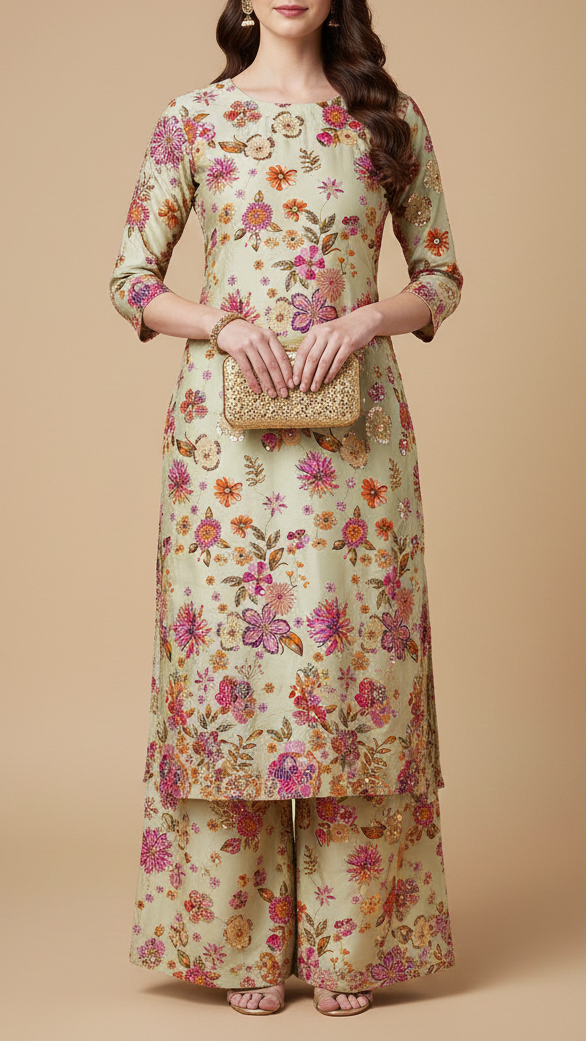 Pista Green Crepe Fabric With All Over Floral Print And Zari, Sequins Work 20464