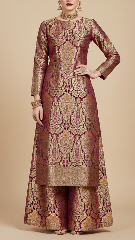 Wine Pure Banarasi Brocade Fabric with Allover Golden Zari Handloom 19919