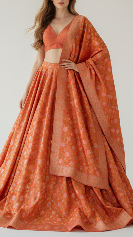 Orange Banarasi Brocade Fabric With All Over Thread And Zari Handloom 21258