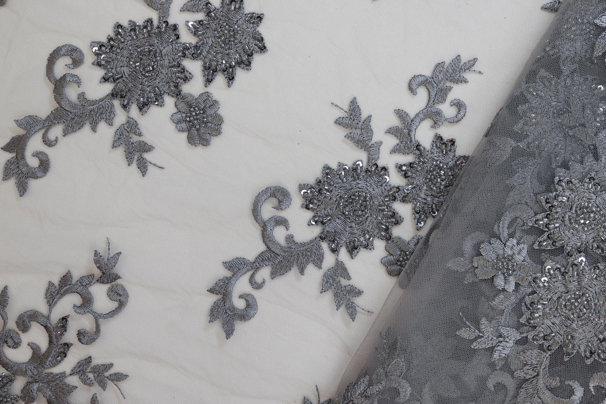 Grey floral net fabric with thread, sequins, beads detailing – Paras Gallery Fabrics