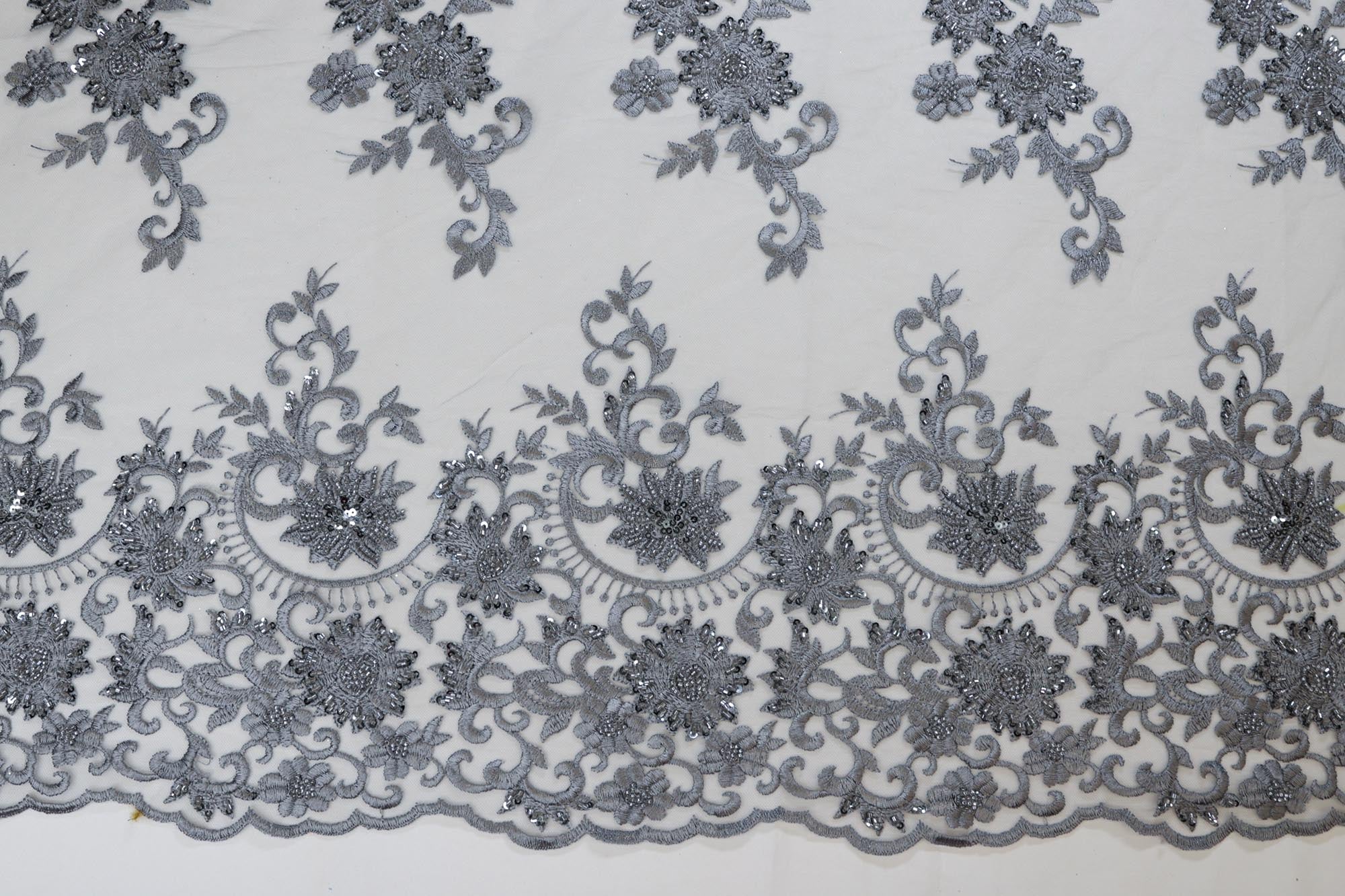 Elegant grey net with floral pattern, adorned with thread, sequins, beads, and border – Paras Gallery Fabrics