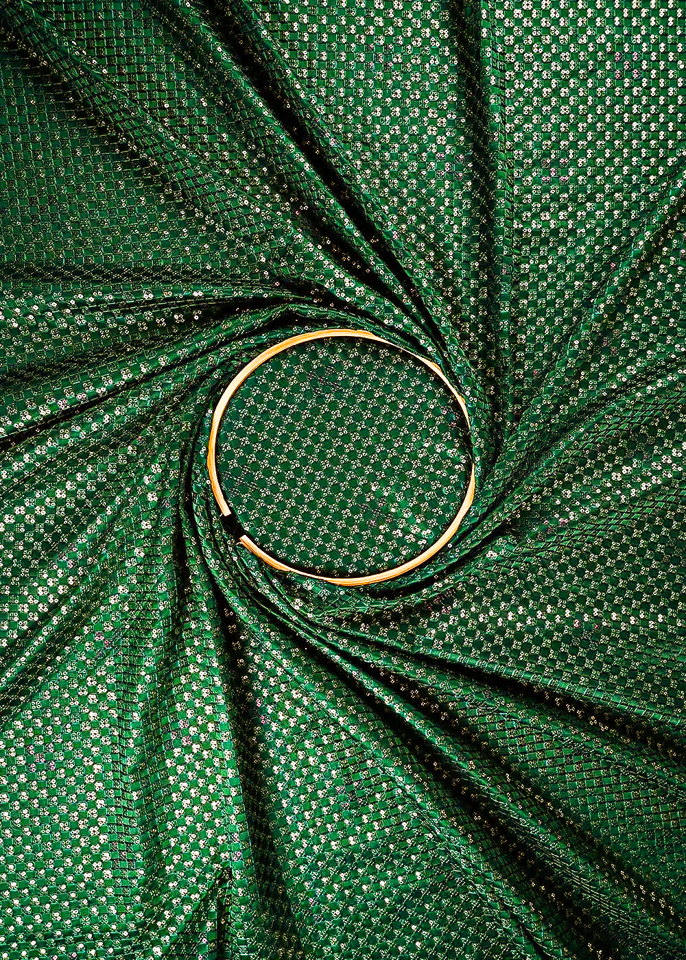 Bottle Green Satin Fabric With All Over Thread And Sequins Work 26449