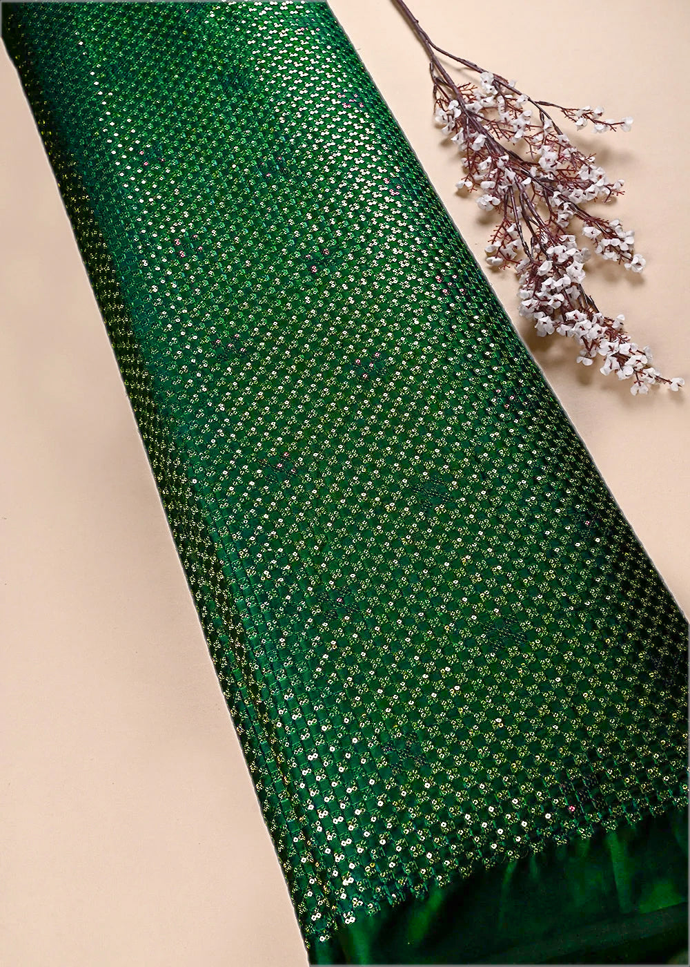 Bottle Green Satin Fabric With All Over Thread And Sequins Work 26449