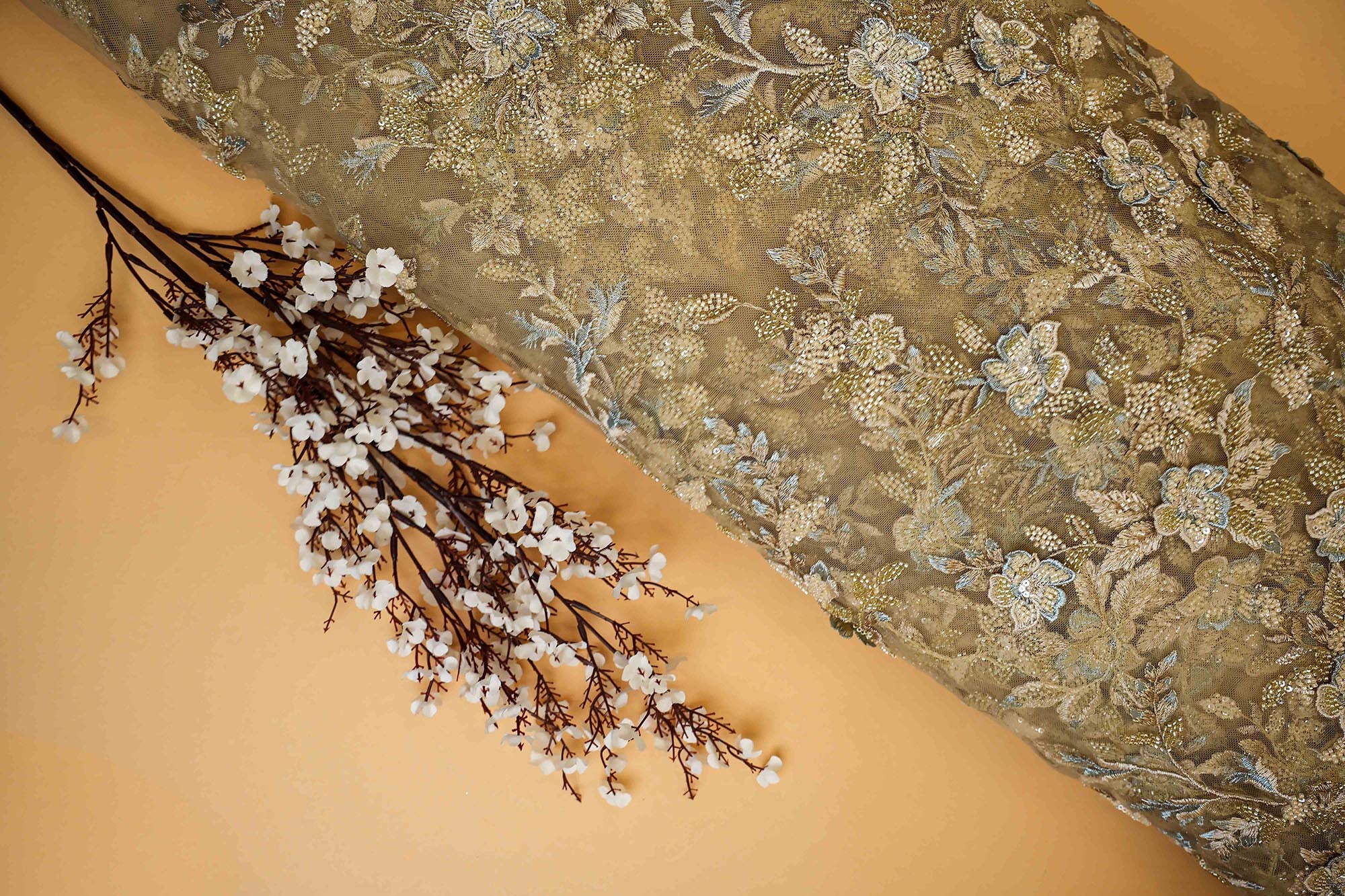 Mehandi Floral Handwork Net with Cut-Dana and Thread Embroidery