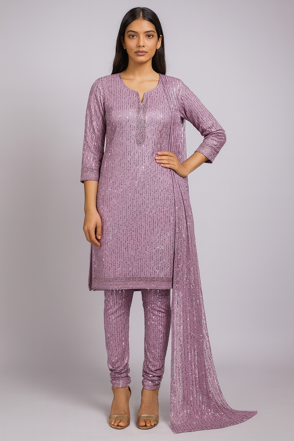 Lavender Imported Lycra Net Fabric with Sequins & Katdana Work 12431