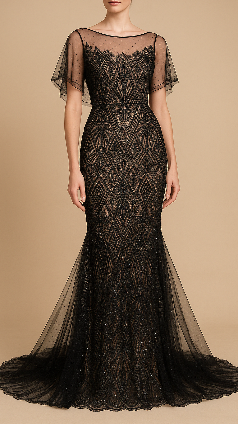 Black Imported Net Fabric With All Over Bead And Sequins Work With Two Side Scalloped Border 19356