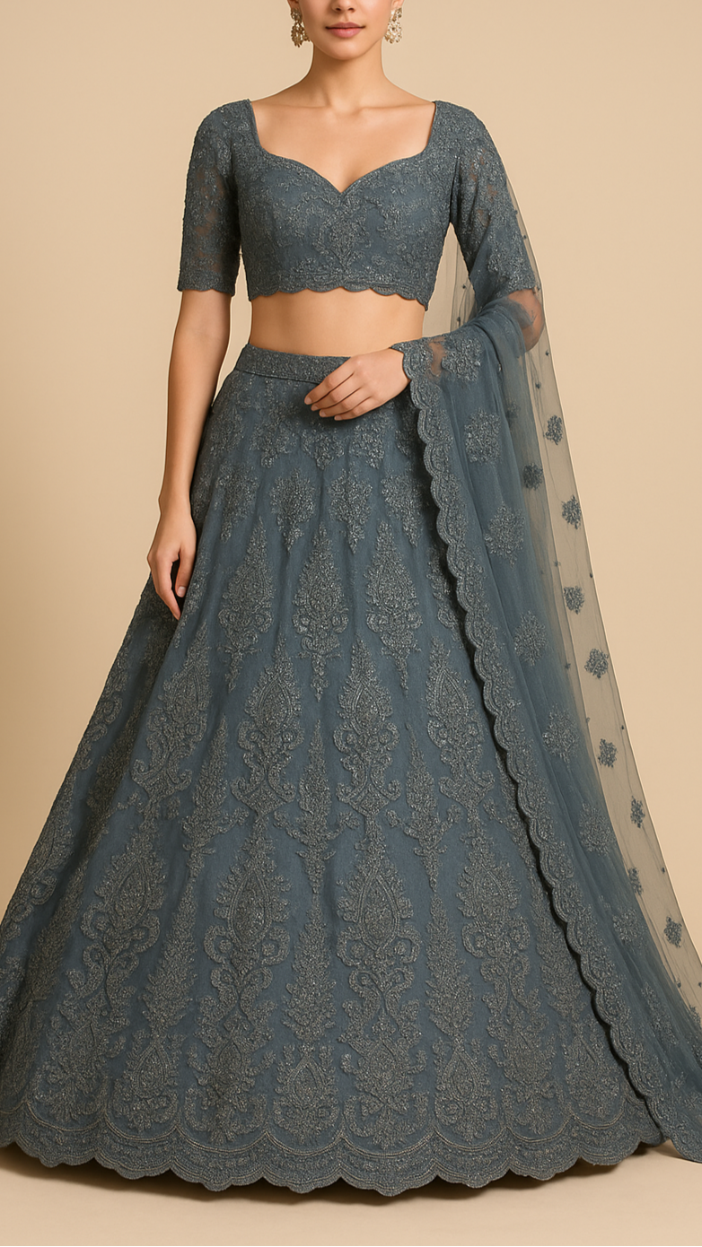 Grey Imported Net Fabric With All Over Sequins & Katdana Handwork with Scalloped Elegance | 12349