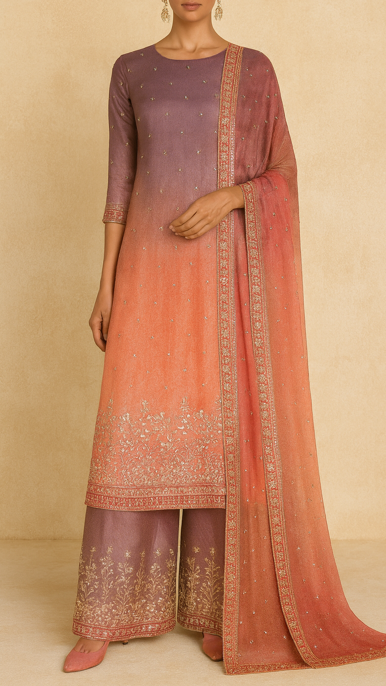 Orange And Pink Tissue Ombre Fabric With All Over Faux Mirror, Bead, Sequins, Katdana Buti And One Side Heavy Border 19539