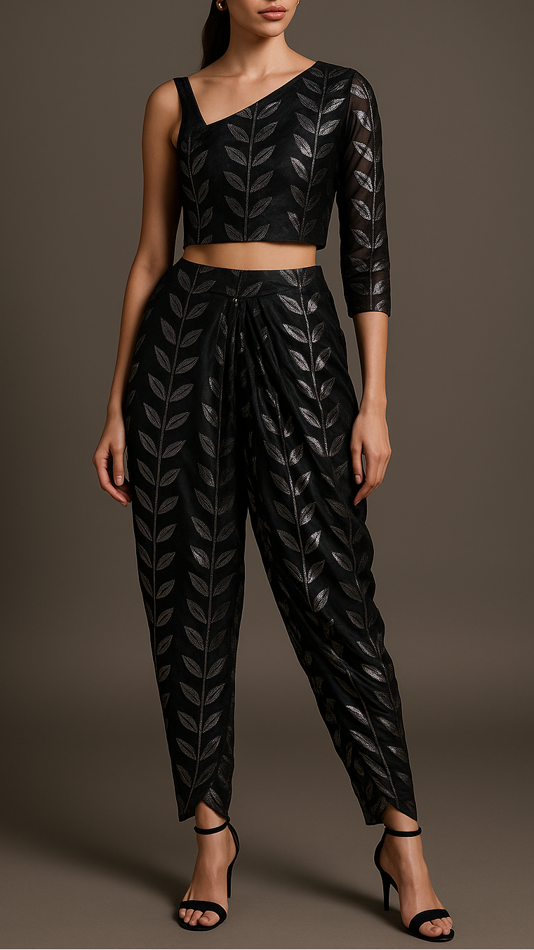 Black Organza Fabric With All Over Leaves Of Foil And Threadwork 16399