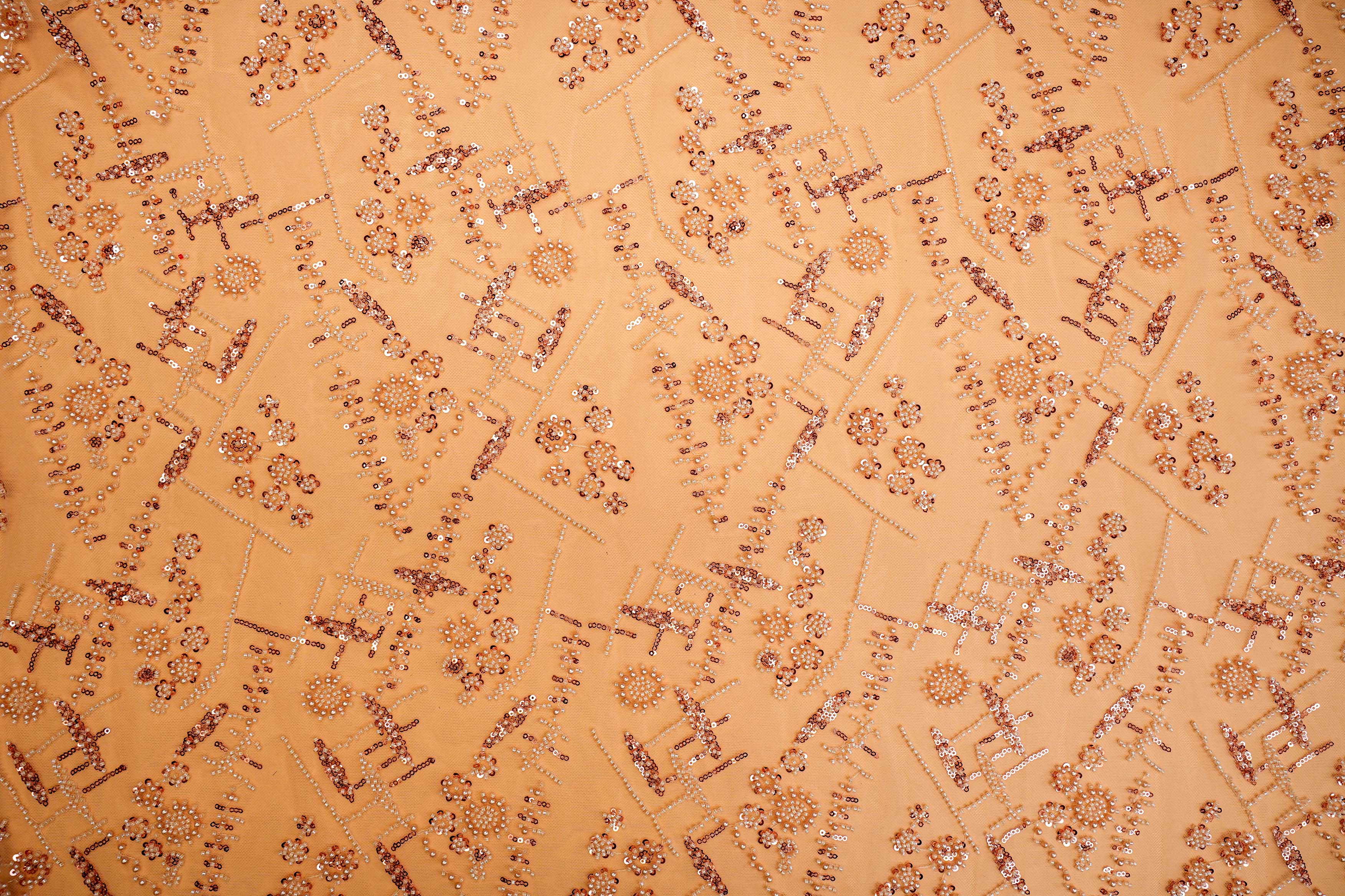Light Peach Net Adorned with Beads, Pearls, and Sequins