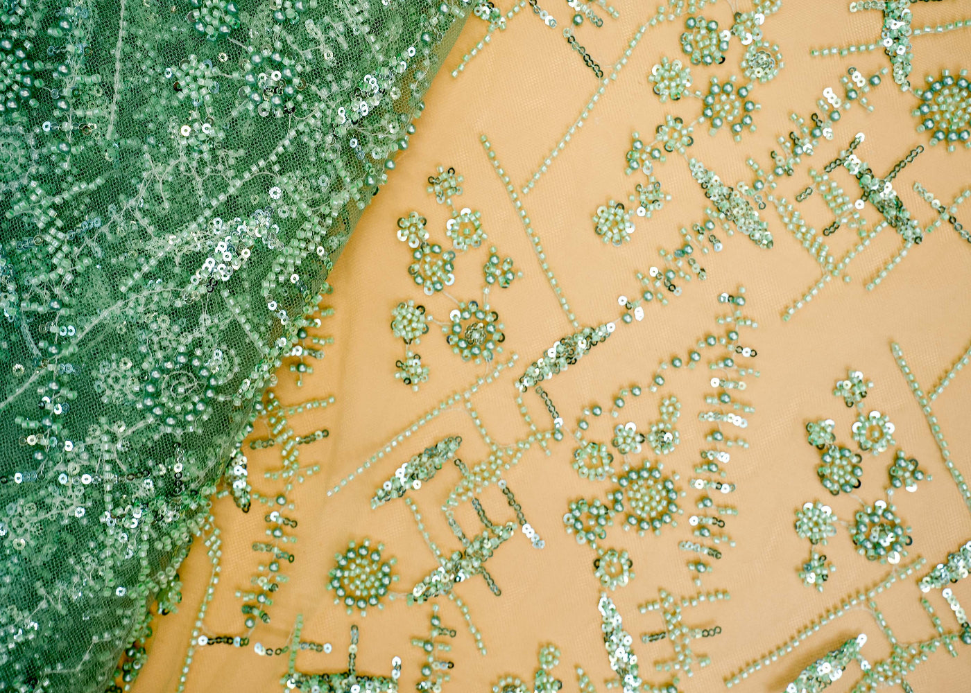 Mint Green Net Adorned with Beads, Pearls, and Sequins