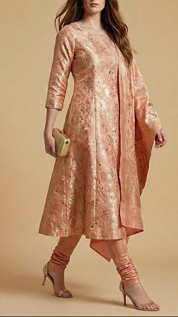 Peach Pink Pure Banarasi Brocade Fabric With All Over Thread And Golden Zari Handloom 19237